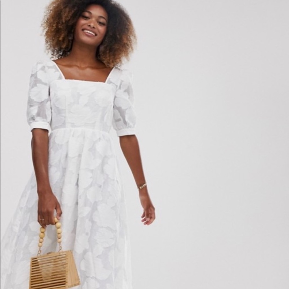 Asos white embroidered tie back midi dress